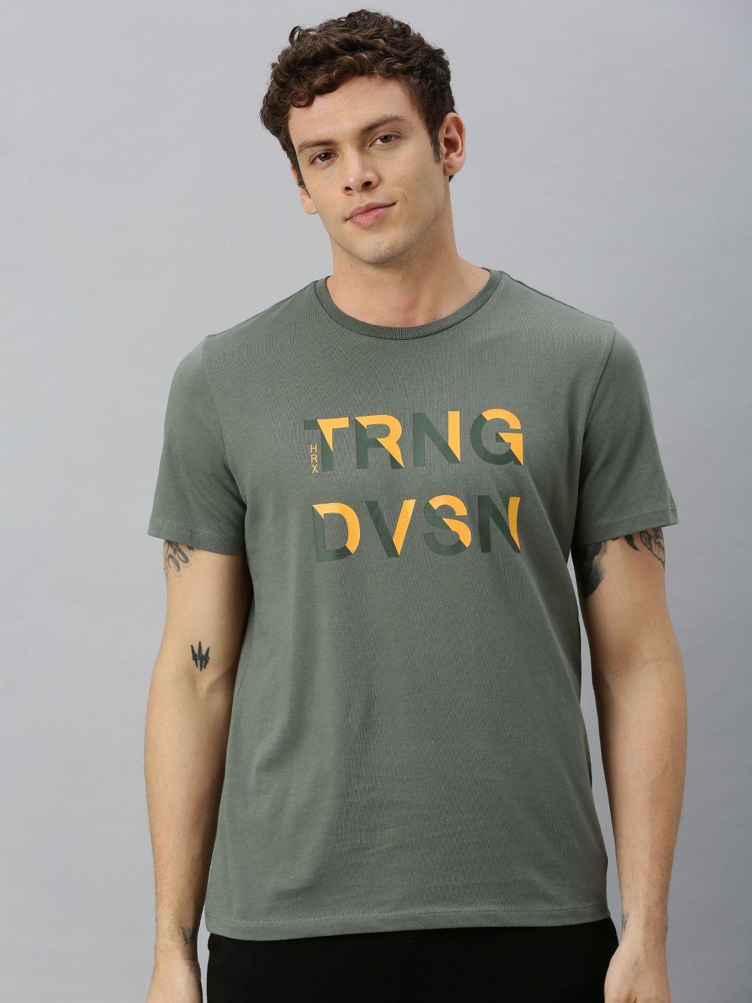 hrx by hrithik roshan men olive green printed bio-wash training tshirt