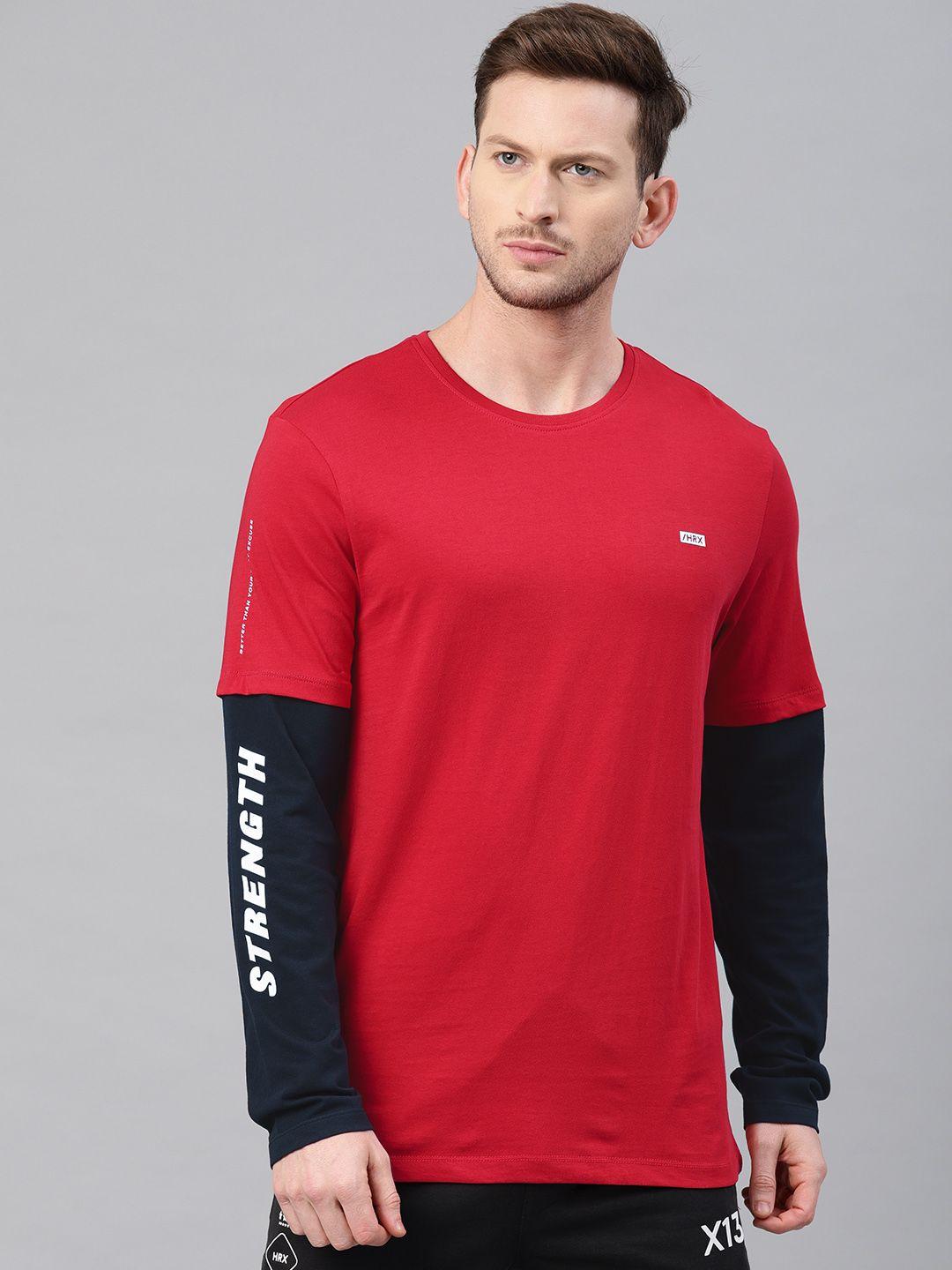 hrx by hrithik roshan men red  black solid round neck pure cotton t-shirt