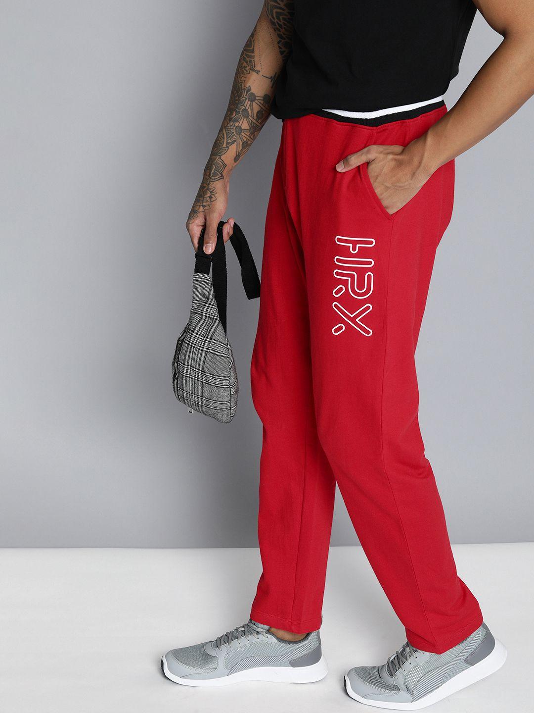 hrx by hrithik roshan men red pure cotton printed detail regular fit track pants