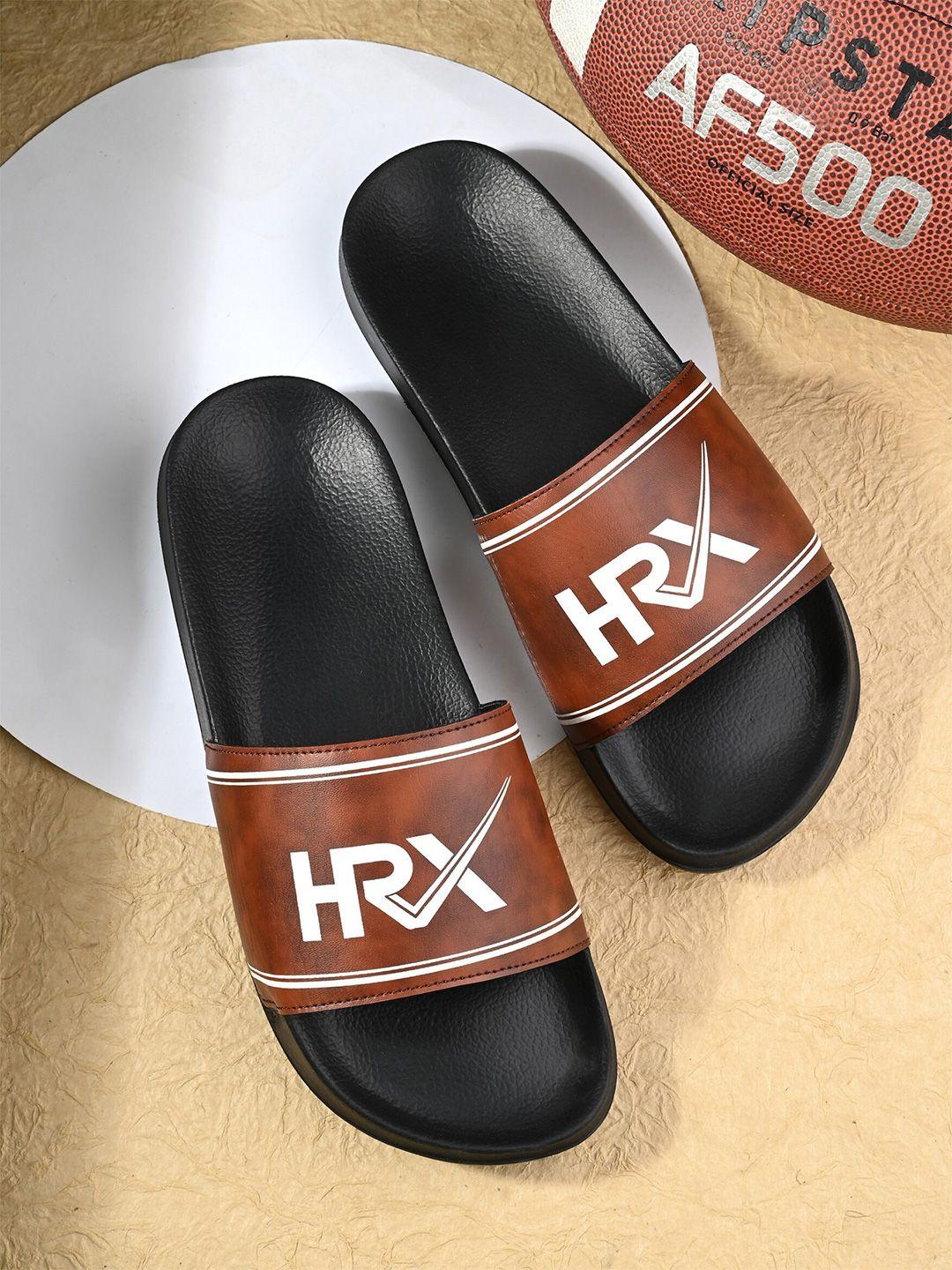 hrx by hrithik roshan men tan & black brand logo printed sliders