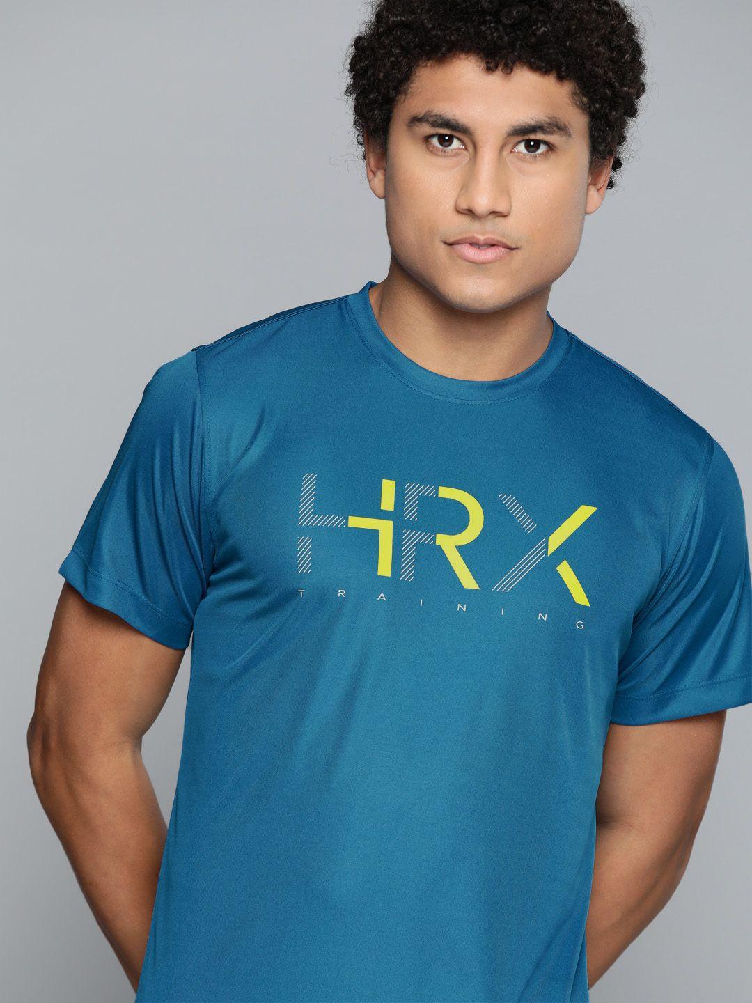 hrx by hrithik roshan men teal blue & yellow brand logo print training t-shirt