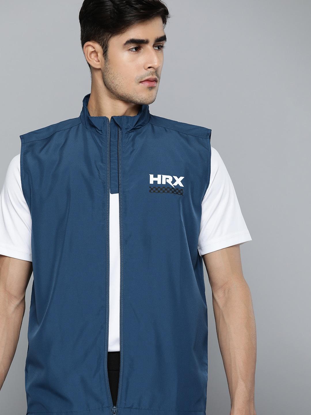 hrx by hrithik roshan men teal blue brand logo printed rapid-dry tailored jacket