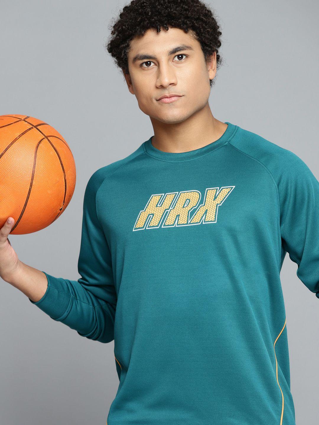 hrx by hrithik roshan men teal green brand logo printed basketball sweatshirt