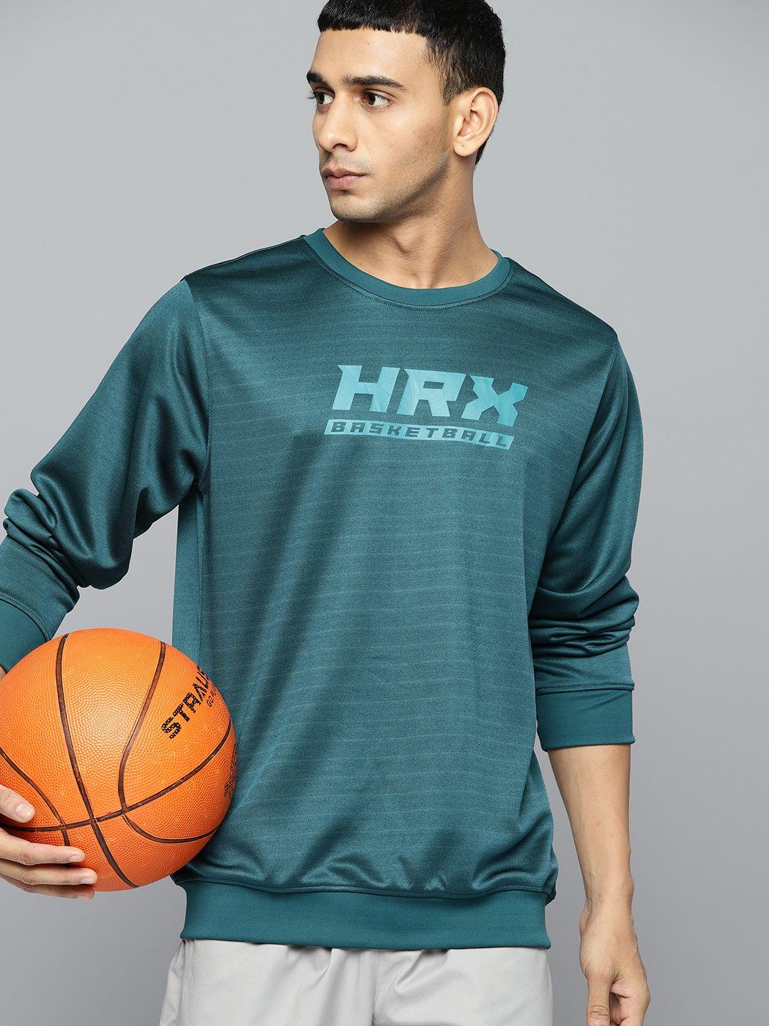 hrx by hrithik roshan men teal green brand logo printed rapid-dry basketball sweatshirt