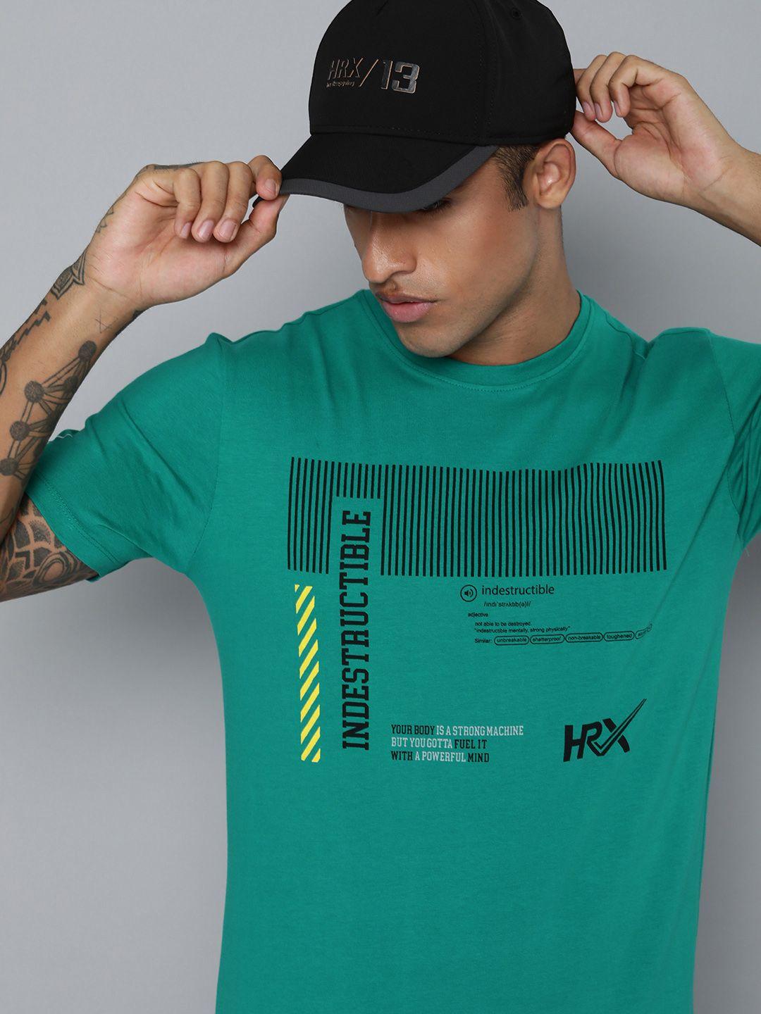 hrx by hrithik roshan men teal printed pure cotton t-shirt