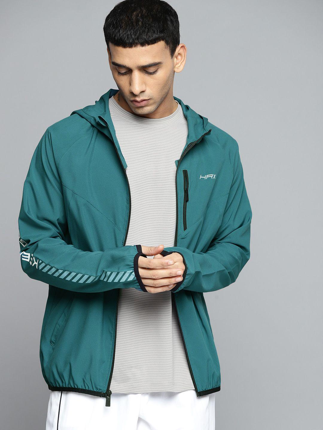 hrx by hrithik roshan men teal typography printed running sporty jacket