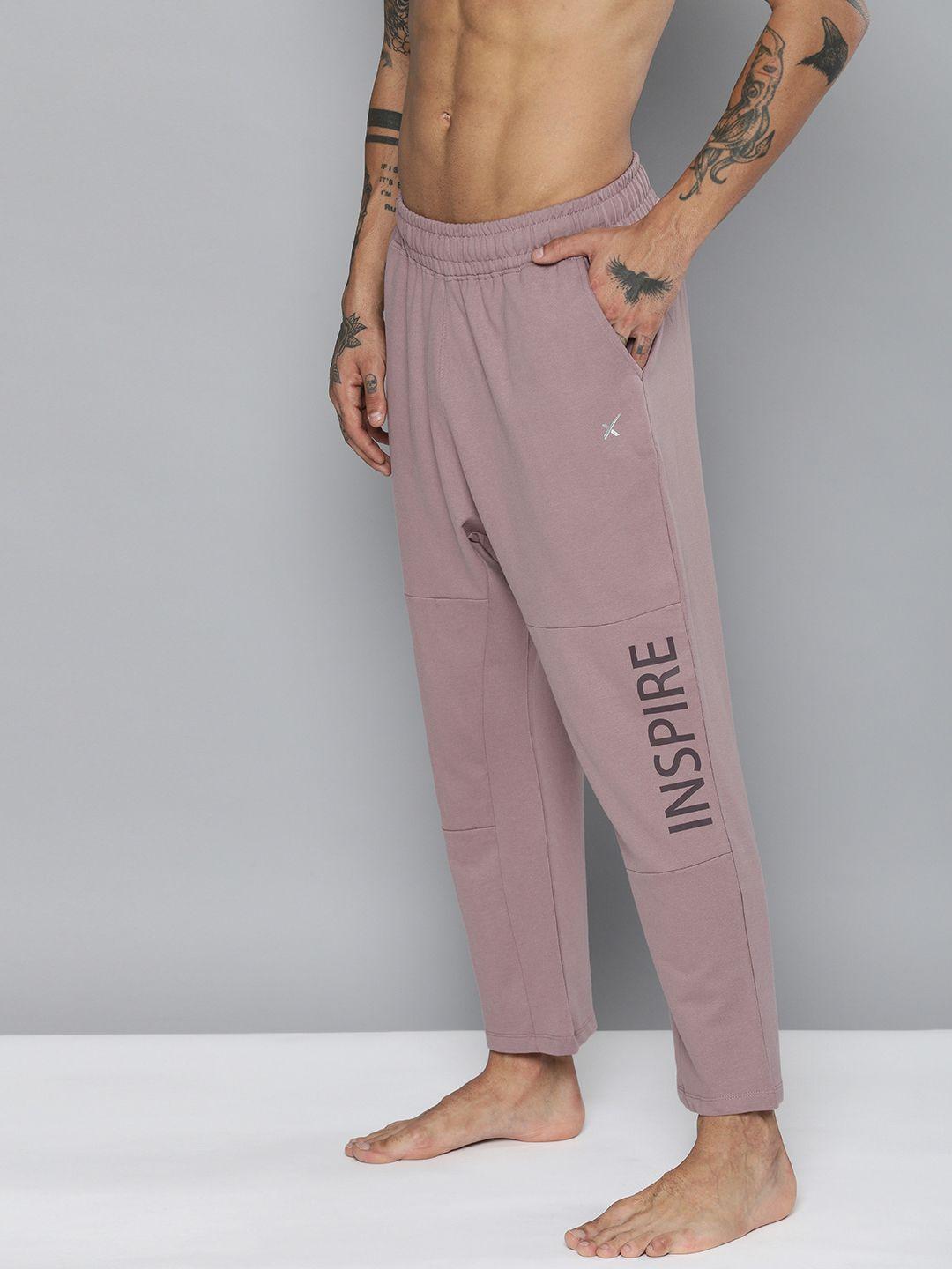 hrx by hrithik roshan men twilight mauve typographic organic cotton yoga  sustainable track pants