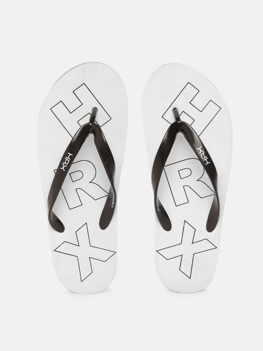hrx by hrithik roshan men white & black brand logo printed thong flip-flops