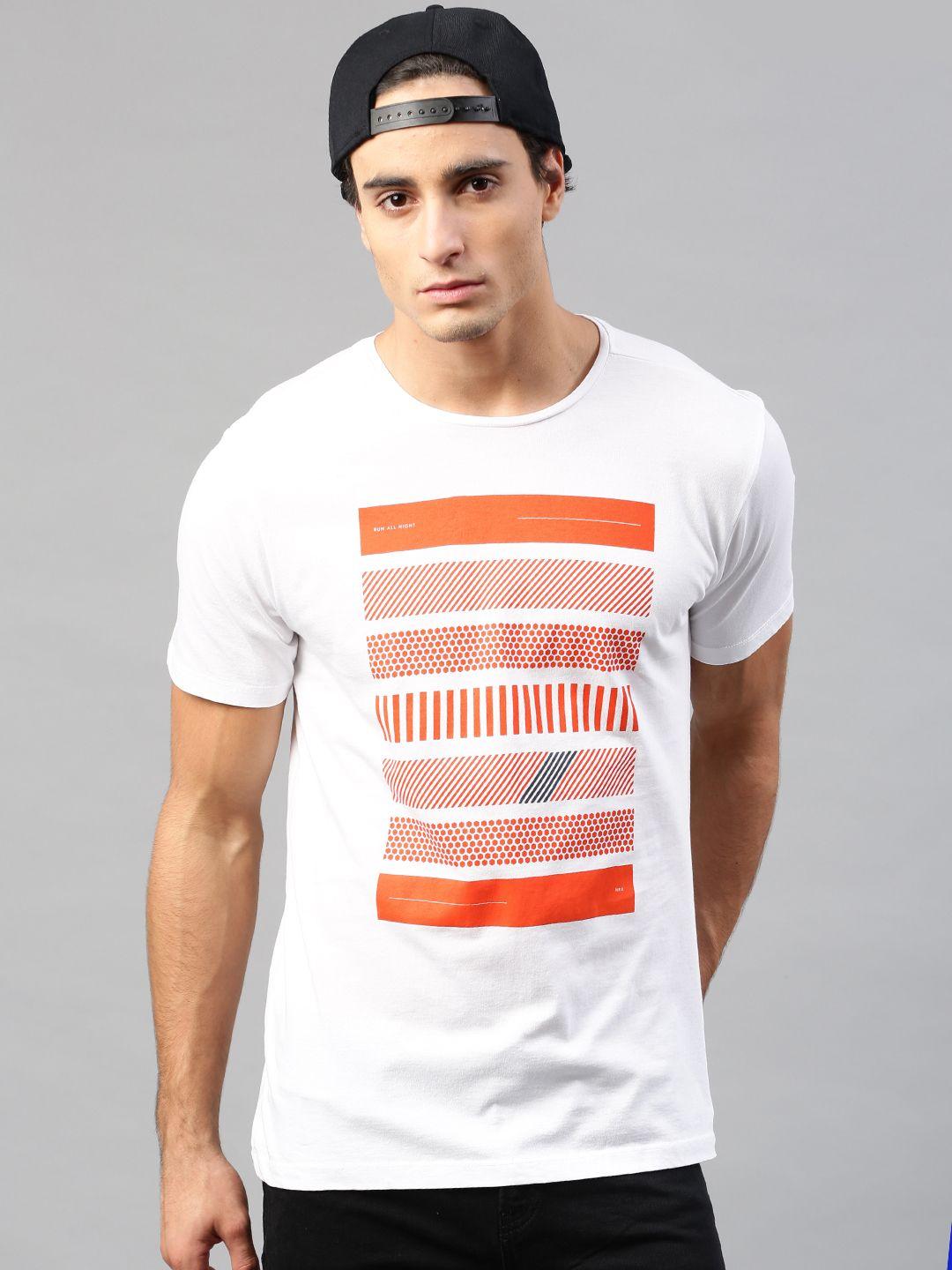 hrx by hrithik roshan men white & orange printed round neck t-shirt