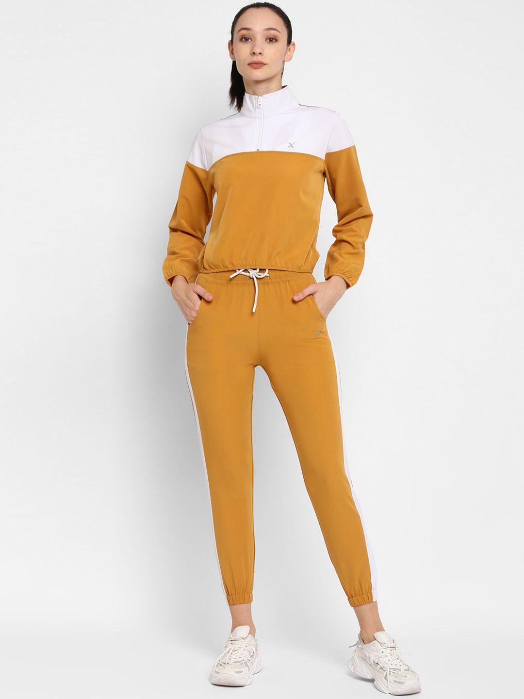 hrx by hrithik roshan mustard colourblocked mock collar long sleeve sports tracksuit