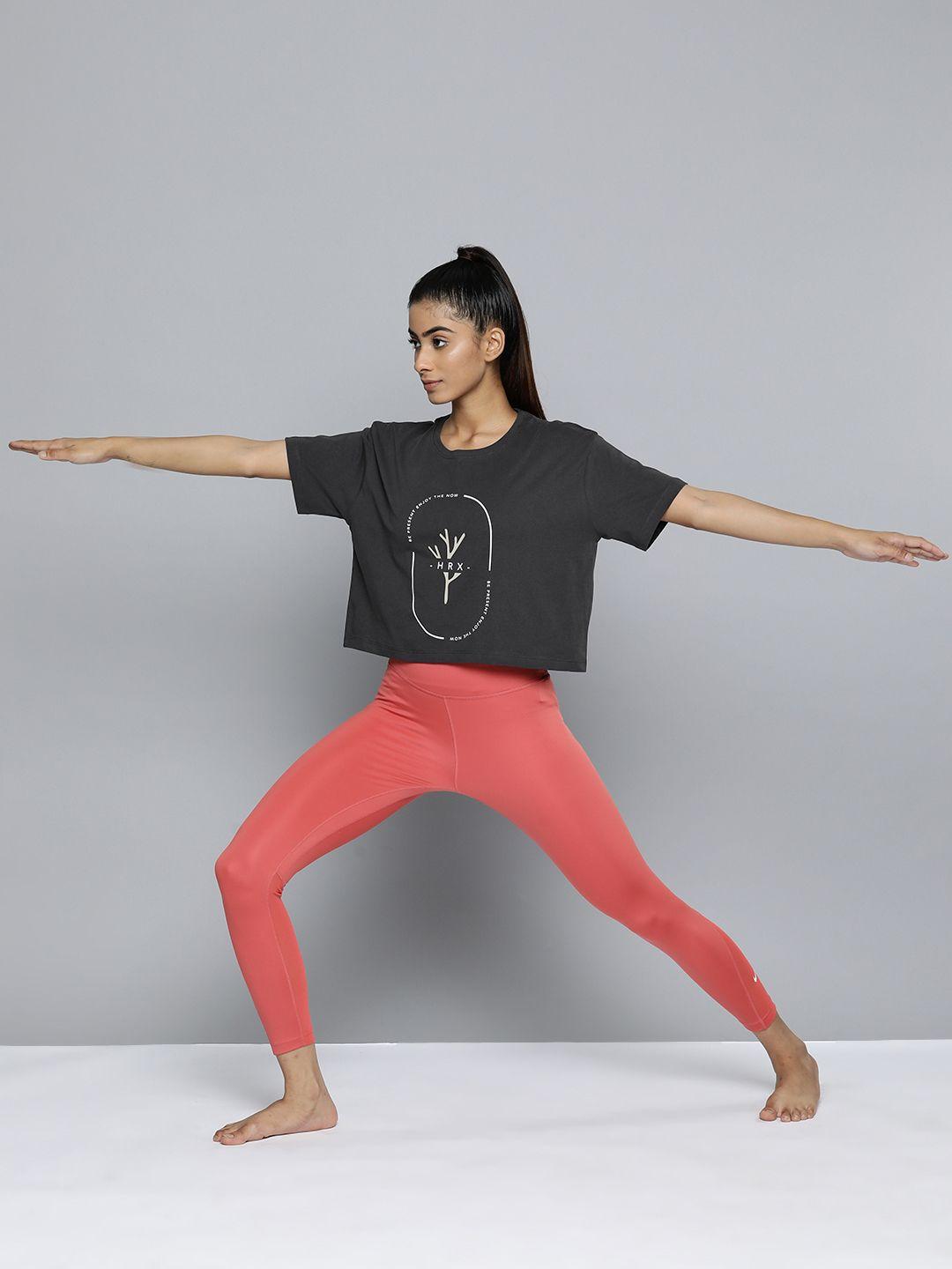 hrx by hrithik roshan printed drop-shoulder sleeves cotton anti-fit yoga t-shirt