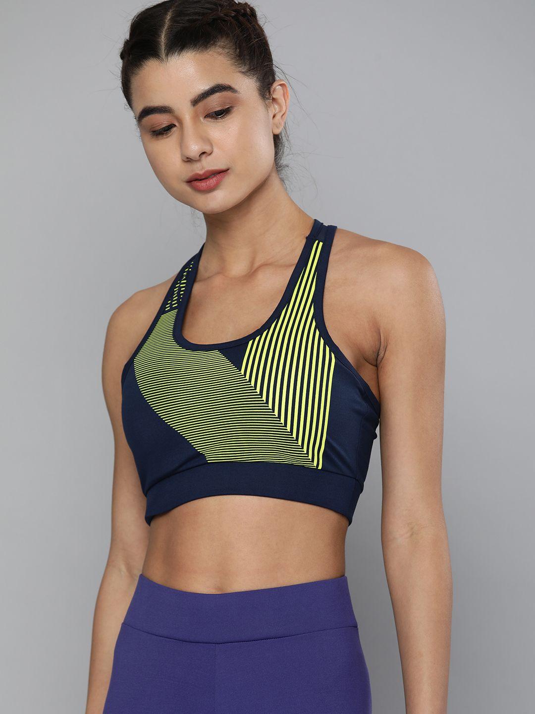 hrx by hrithik roshan running women medieval blue rapid-dry geometric sports bra