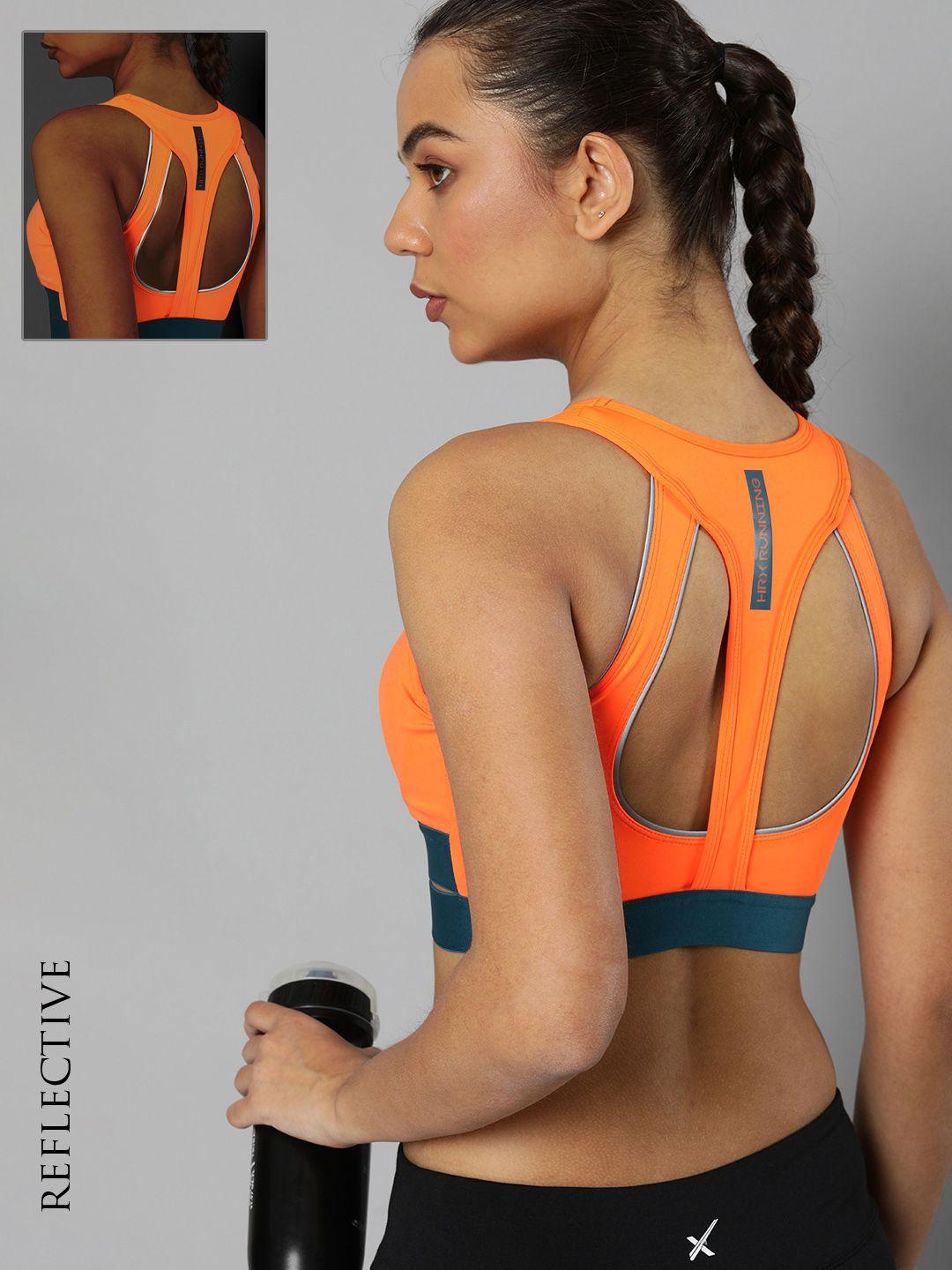 hrx by hrithik roshan running women neon orange rapid-dry brand carrier sports bra