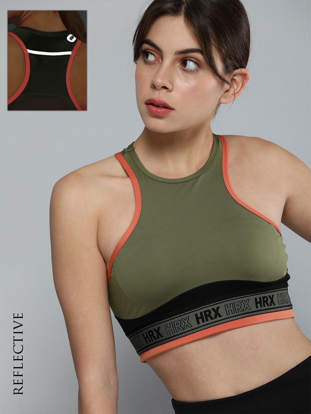 hrx by hrithik roshan running women olive green rapid-dry brand carrier sports bra