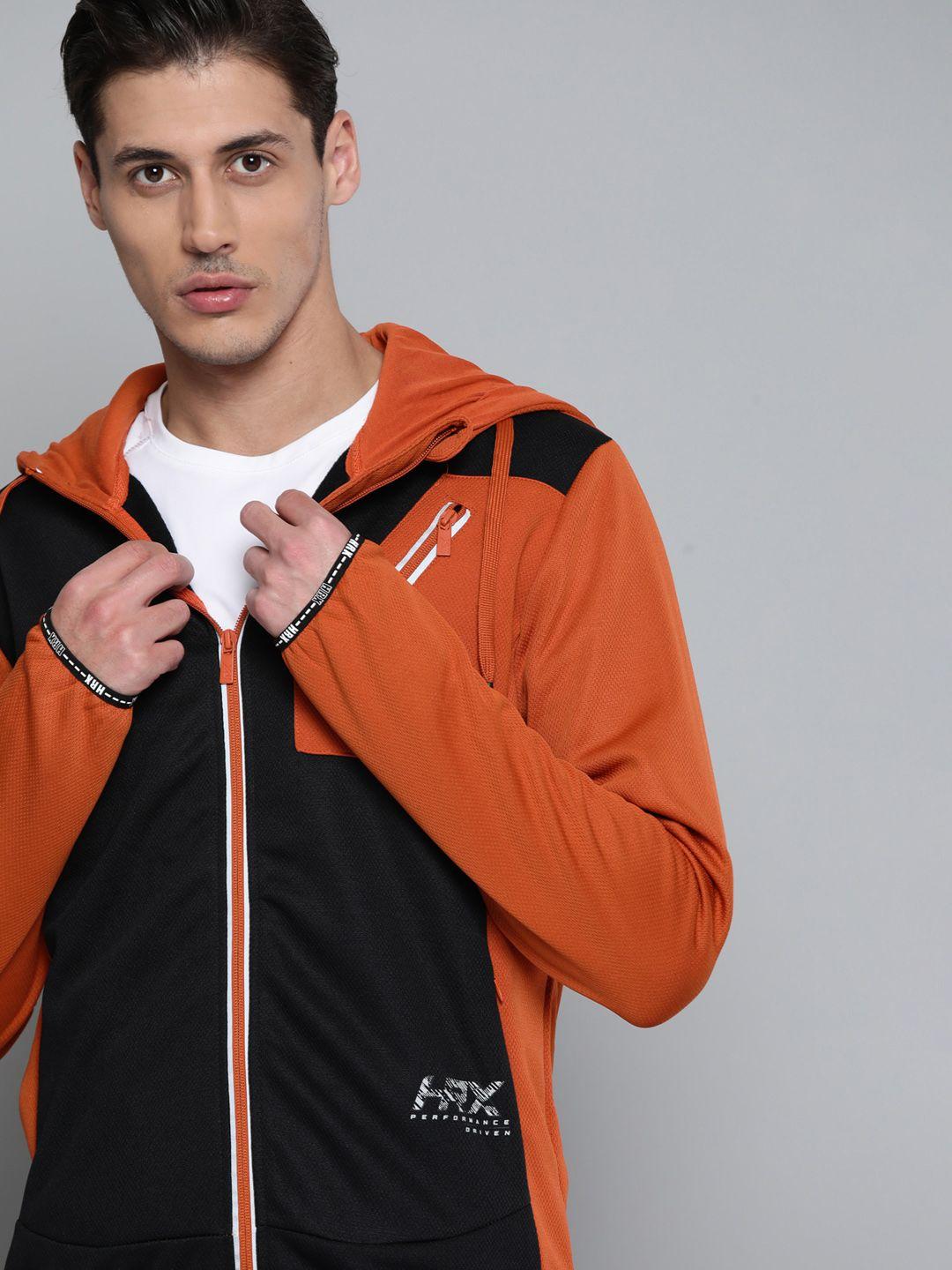 hrx by hrithik roshan training men black & rust orange rapid-dry solid jacket