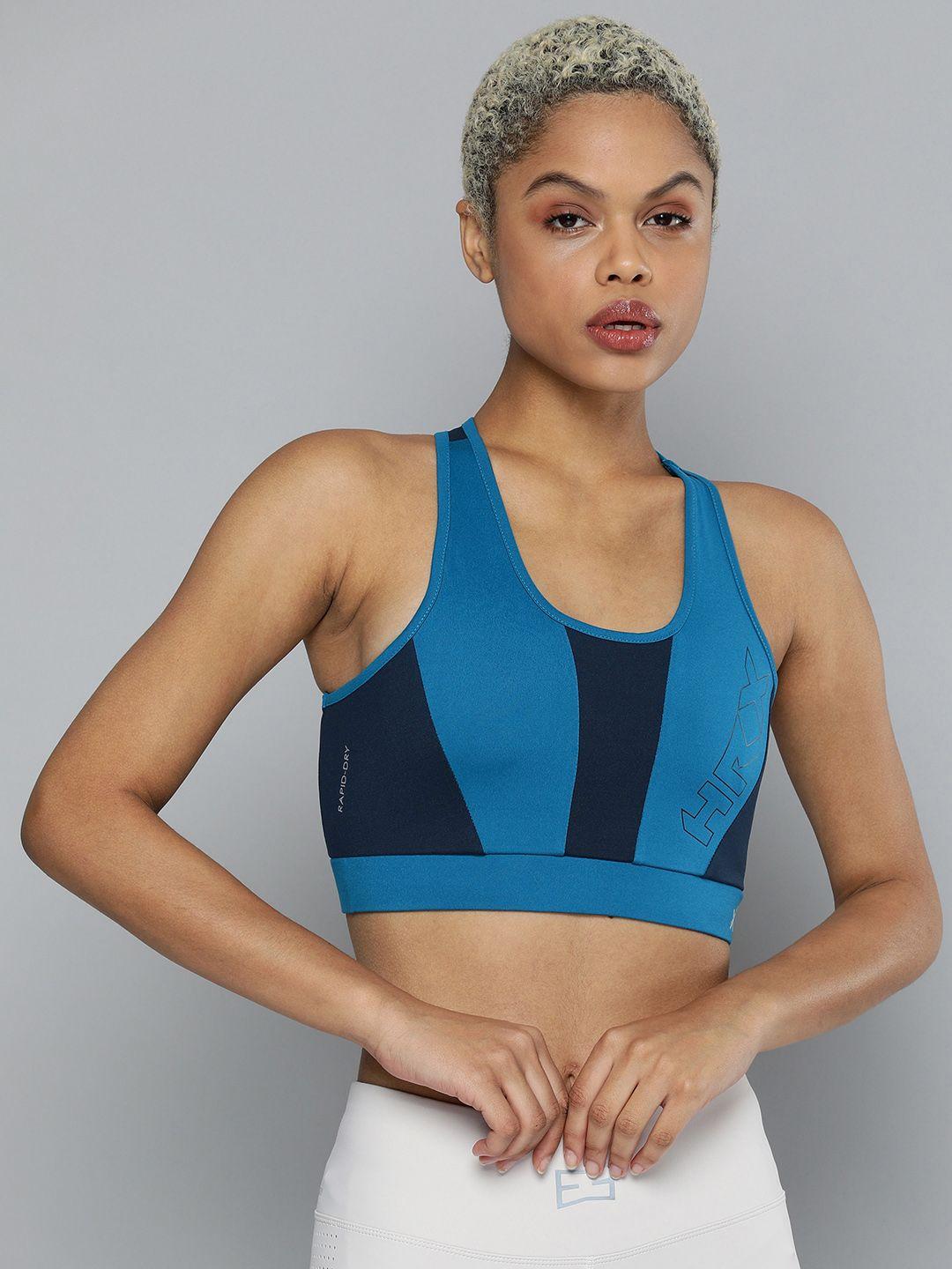 hrx by hrithik roshan training women blue beast rapid-dry colourblock sports bra