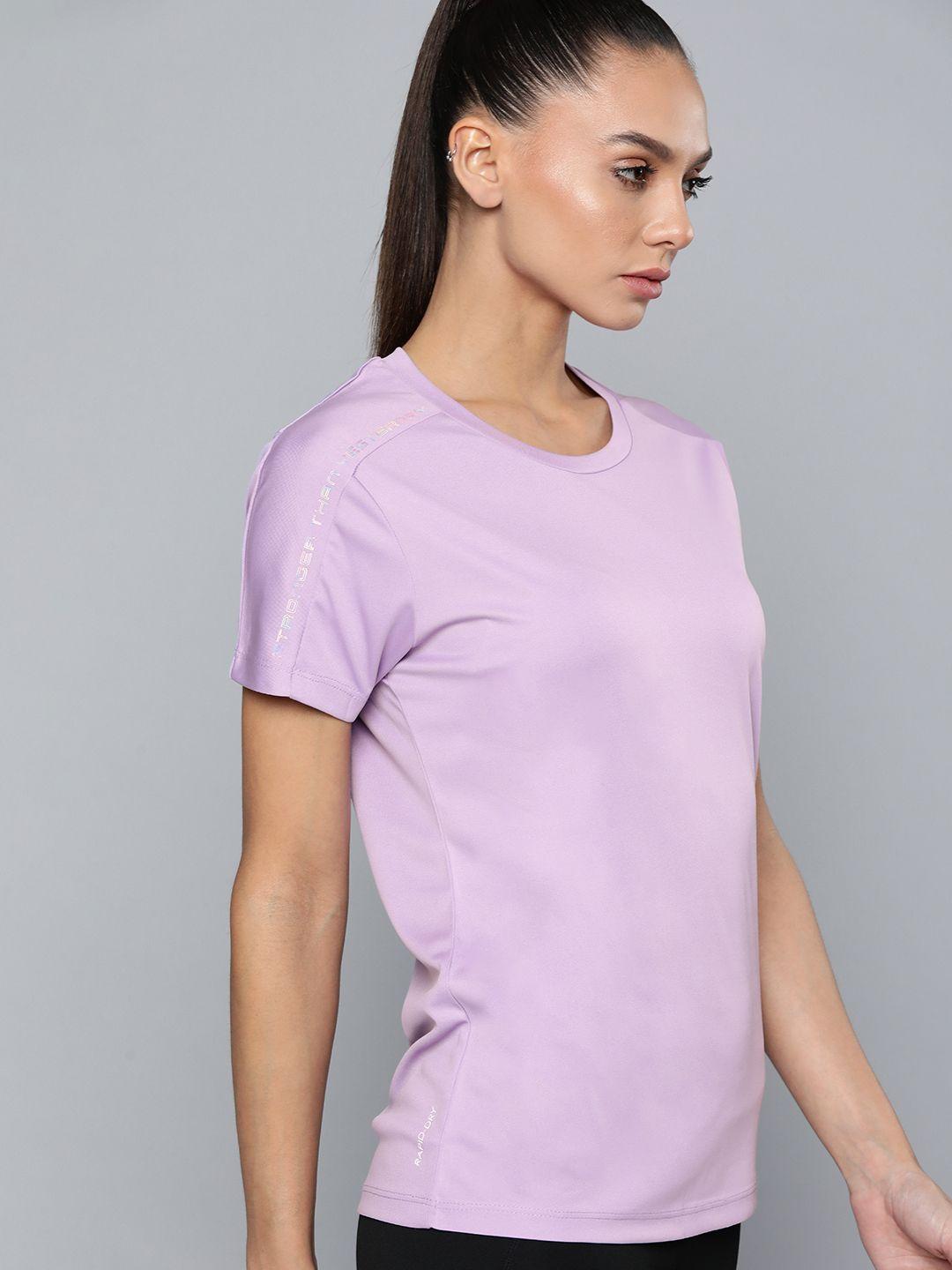 hrx by hrithik roshan training women digital lavender rapid-dry solid tshirts
