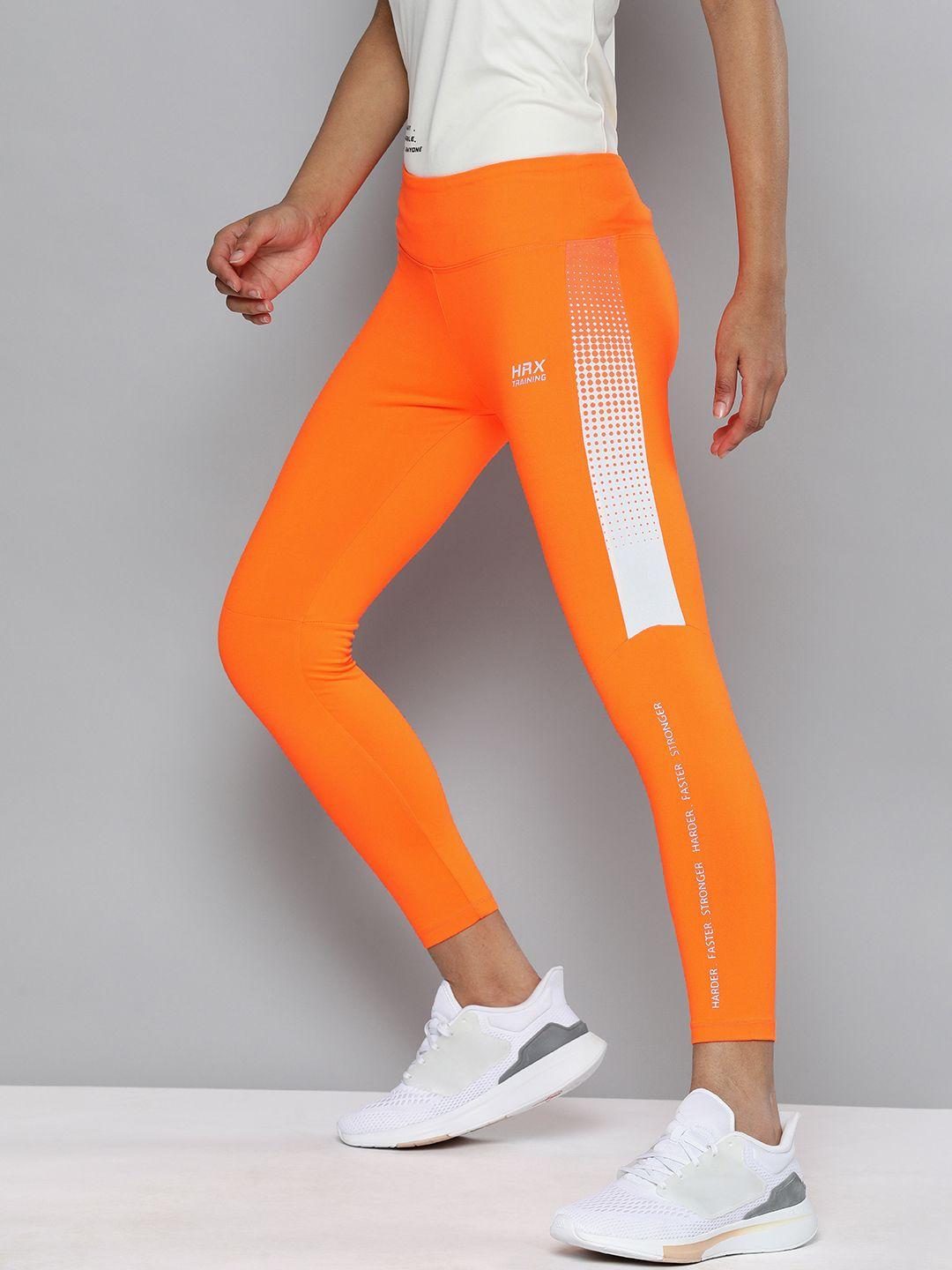 hrx by hrithik roshan training women neon orange rapid-dry colourblock tights