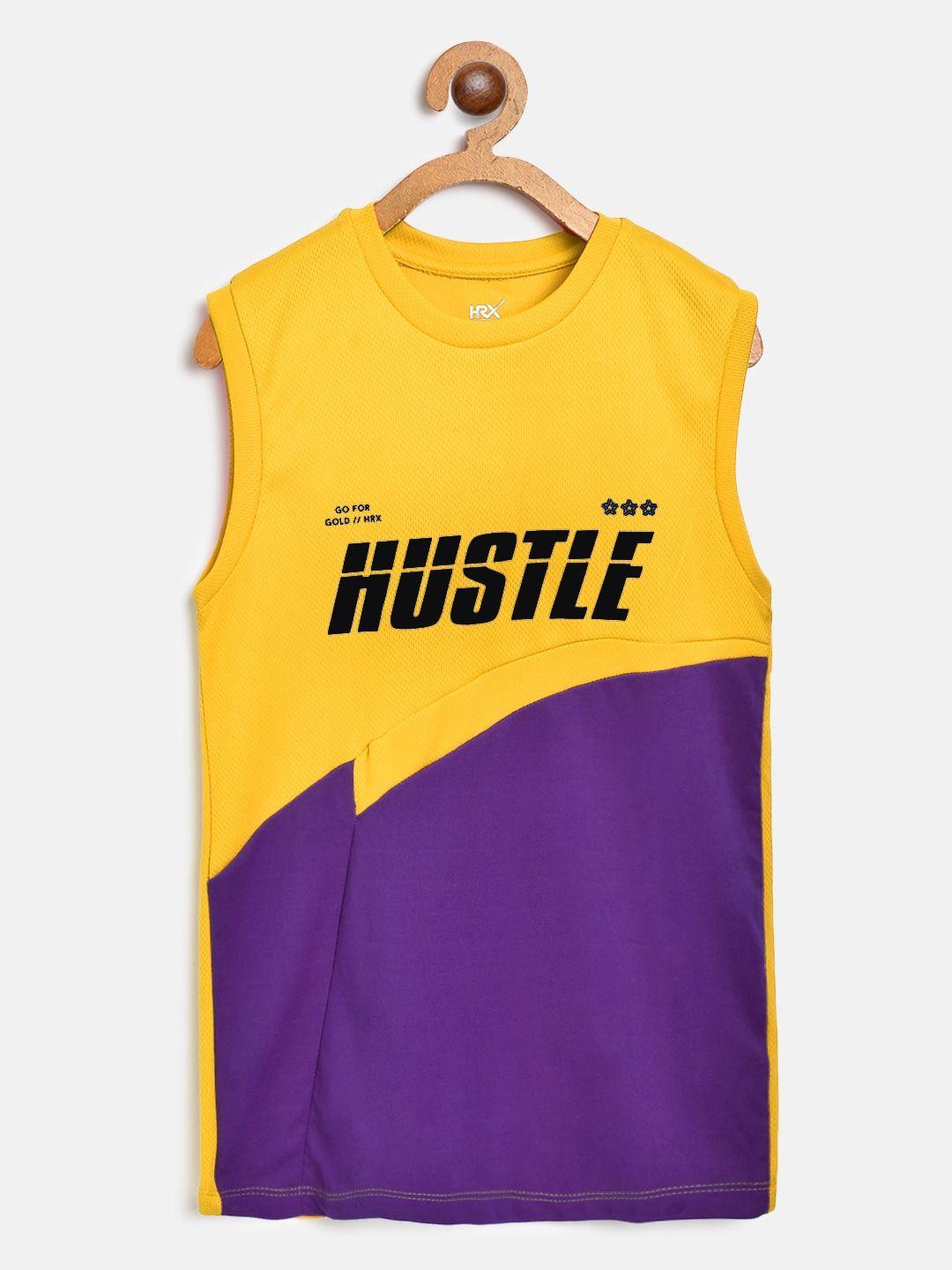 hrx by hrithik roshan u-17 boys gold & purple colourblock rapid-dry basketball tshirt