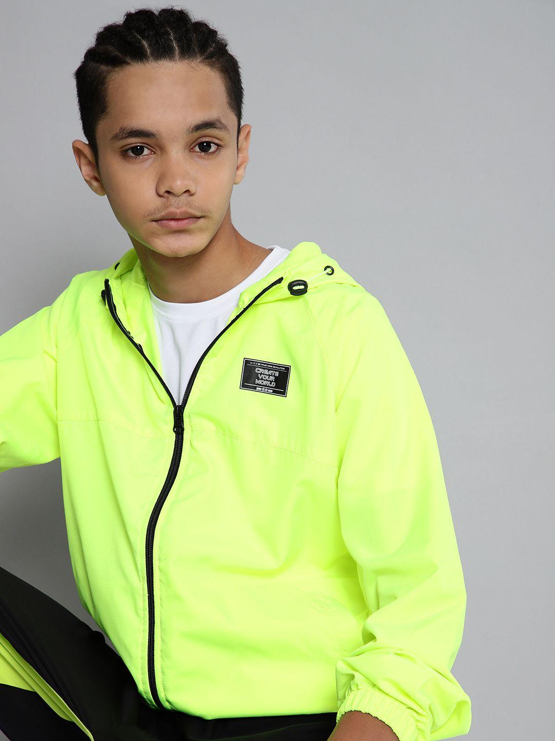 hrx by hrithik roshan u-17 lifestyle boys neon lime rapid-dry hooded bomber jacket