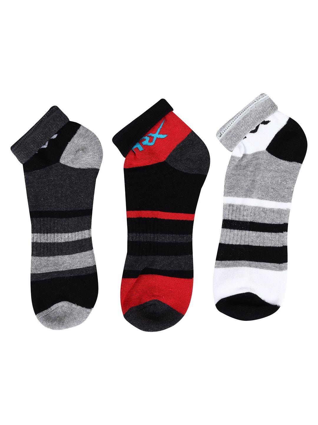 hrx by hrithik roshan unisex black & grey pack of 3 patterned ankle length socks