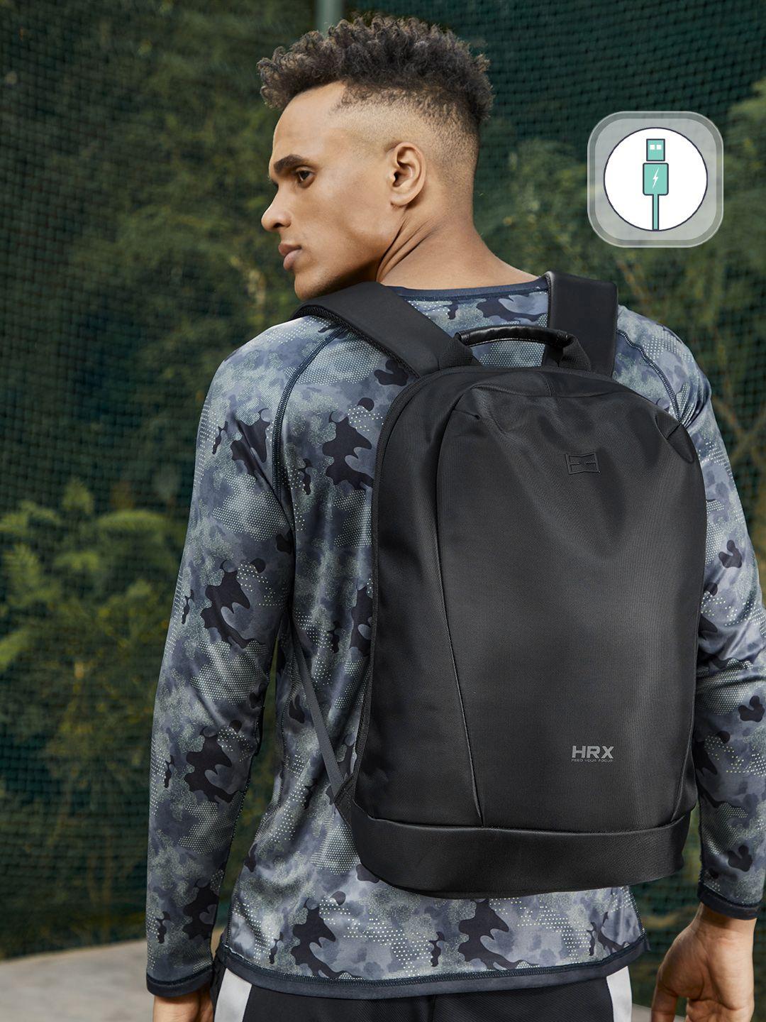 hrx by hrithik roshan unisex black solid backpack with usb charging port