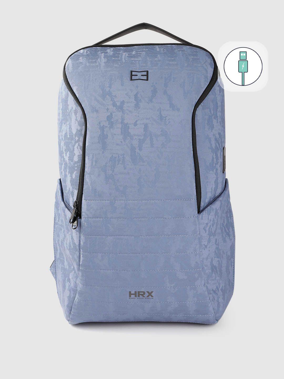 hrx by hrithik roshan unisex blue camouflage backpack with usb charging port 29.4l