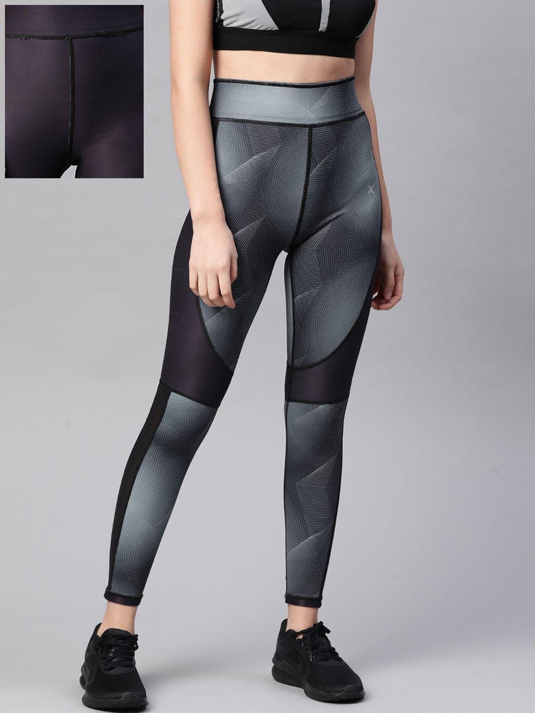 hrx by hrithik roshan women anthracite aop skinny fit reversible rapid-dry running tights