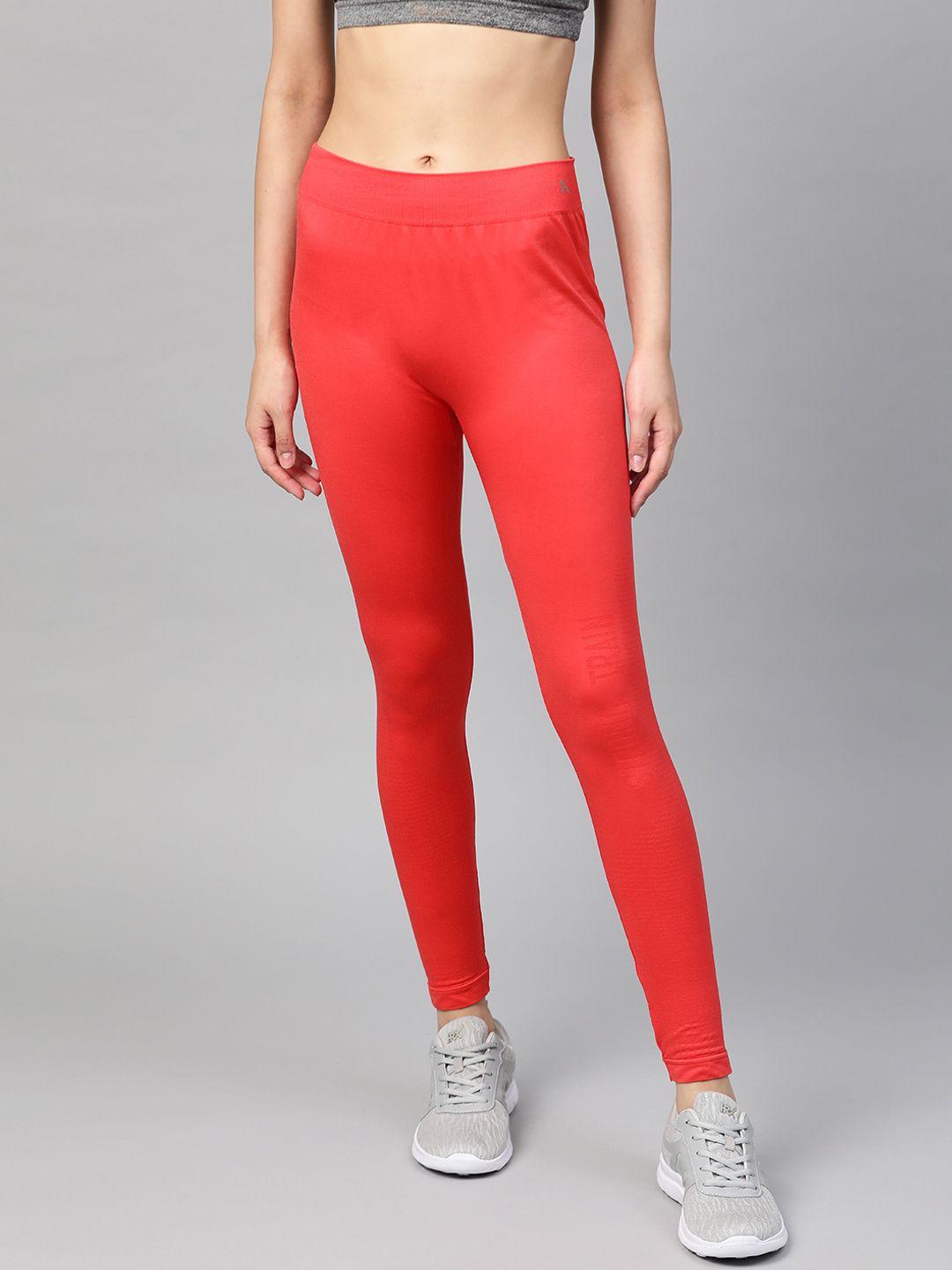 hrx by hrithik roshan women aurora red solid rapid-dry, seamless training tights