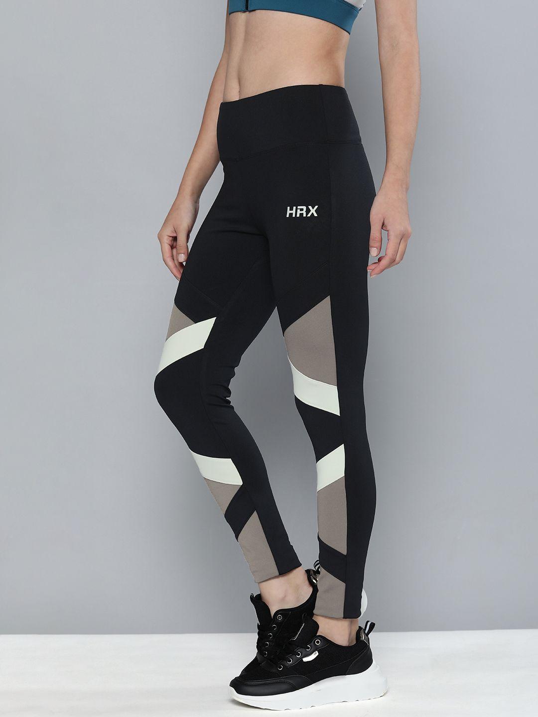 hrx by hrithik roshan women black & grey colourblocked running rapid-dry technology tights