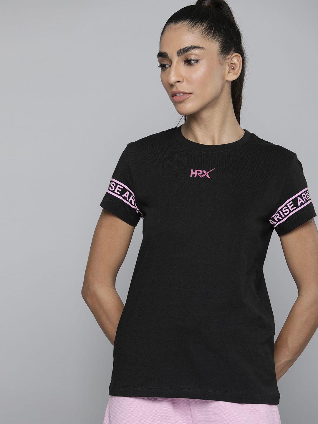 hrx by hrithik roshan women black & pink pure cotton brand logo printed t-shirt