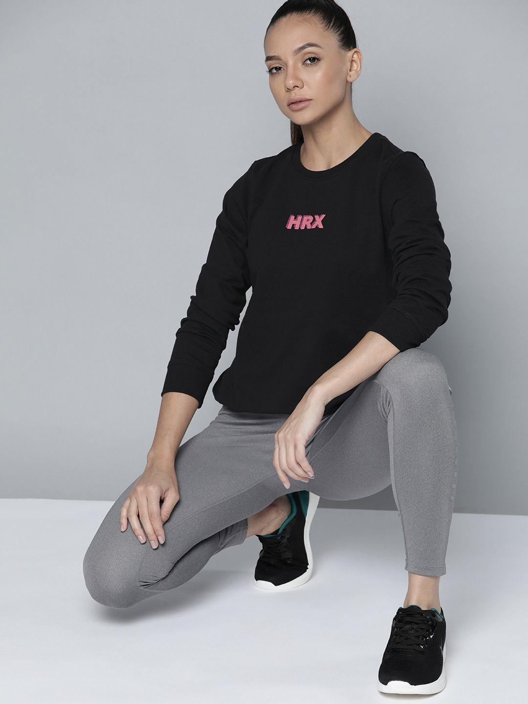 hrx by hrithik roshan women black brand logo print lifestyle sweatshirt