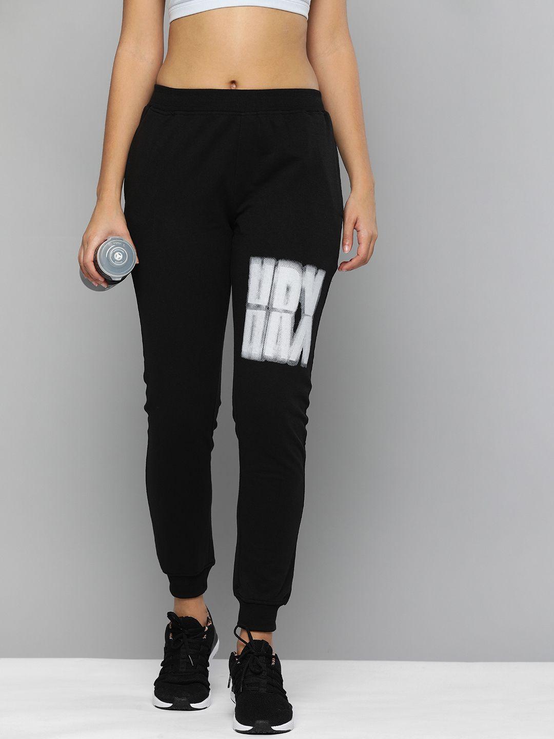 hrx by hrithik roshan women black brand logo printed slim-fit joggers track pants