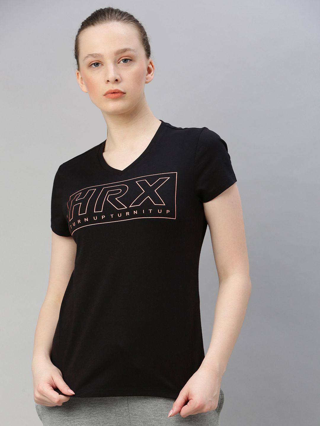 hrx by hrithik roshan women black solid bio-wash running pure cotton t-shirt