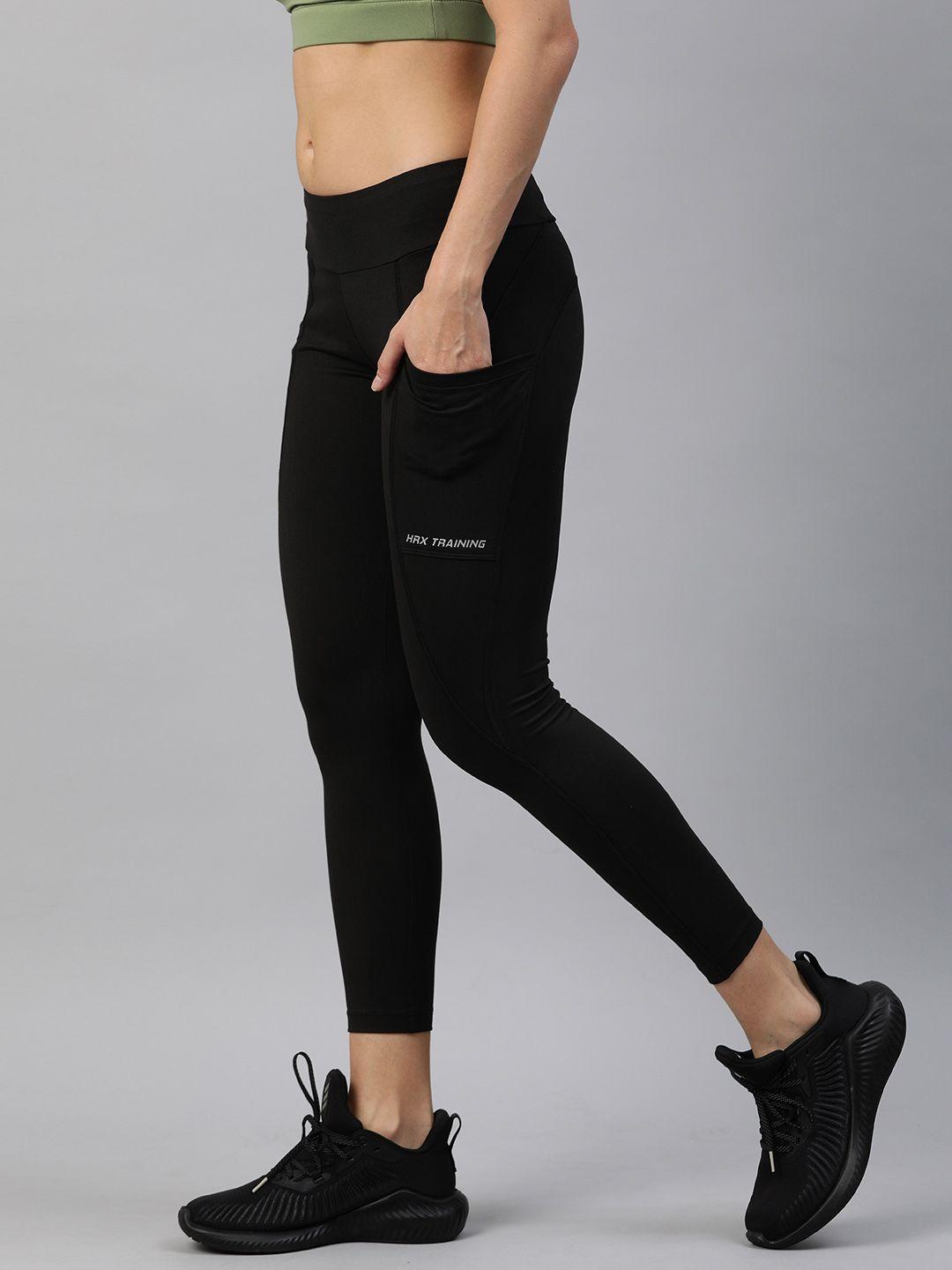 hrx by hrithik roshan women black solid cropped rapid dry antimicrobial training tights