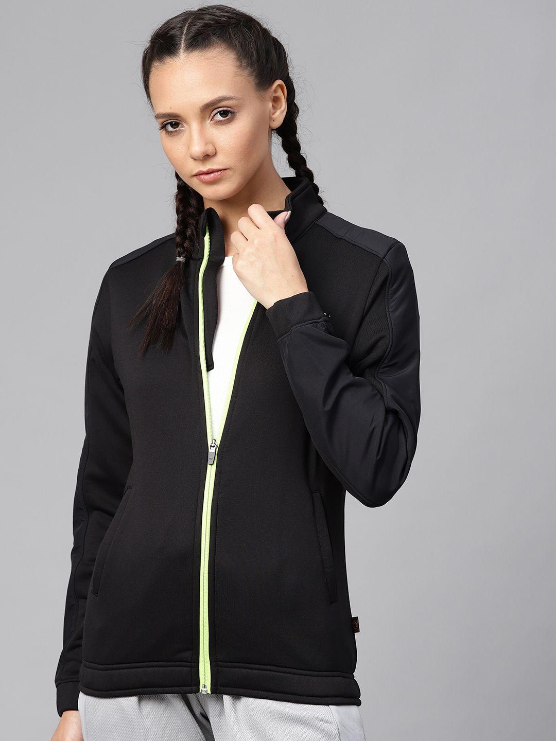 hrx by hrithik roshan women blk/ neon green zipper colourblocked rapid-dry antimicrobial outdoor jacket