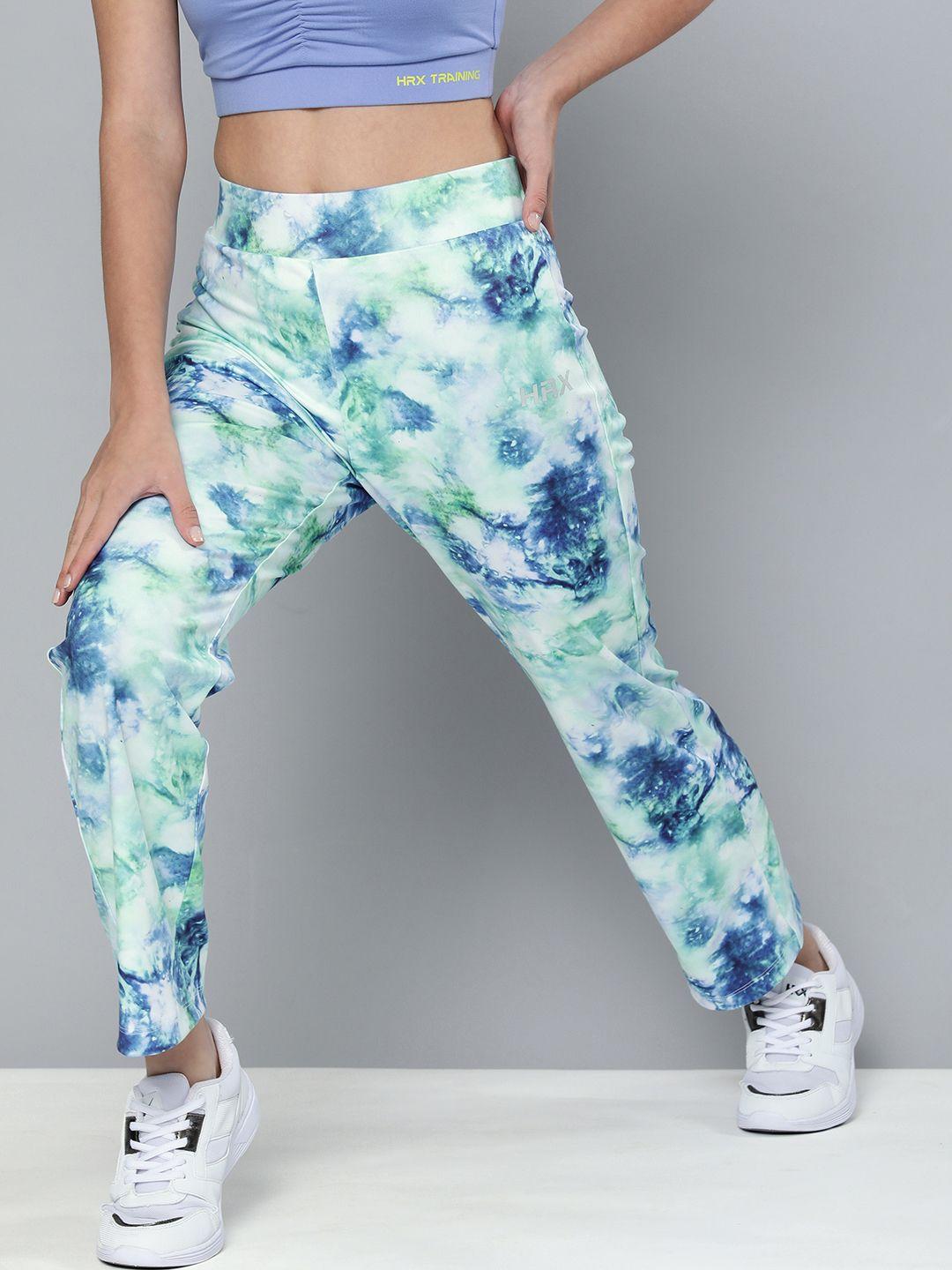 hrx by hrithik roshan women blue & green tie dyed aop flared training tights