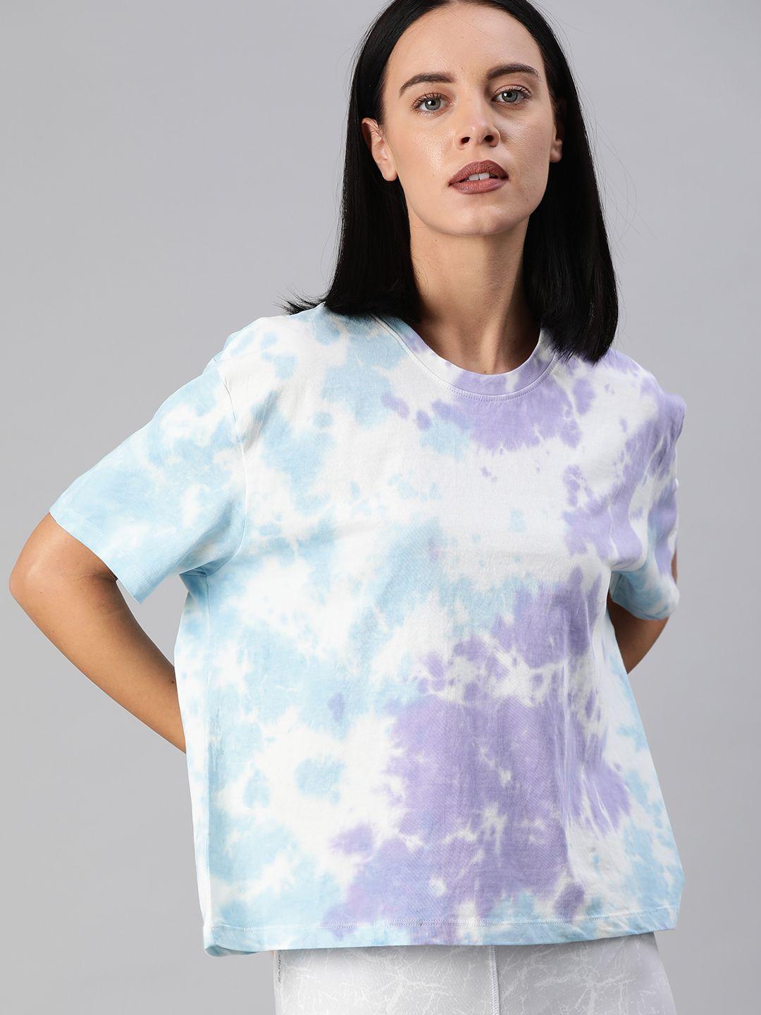 hrx by hrithik roshan women blue  violet printed tie  dye boxy fit lifestyle pure cotton t-shirt