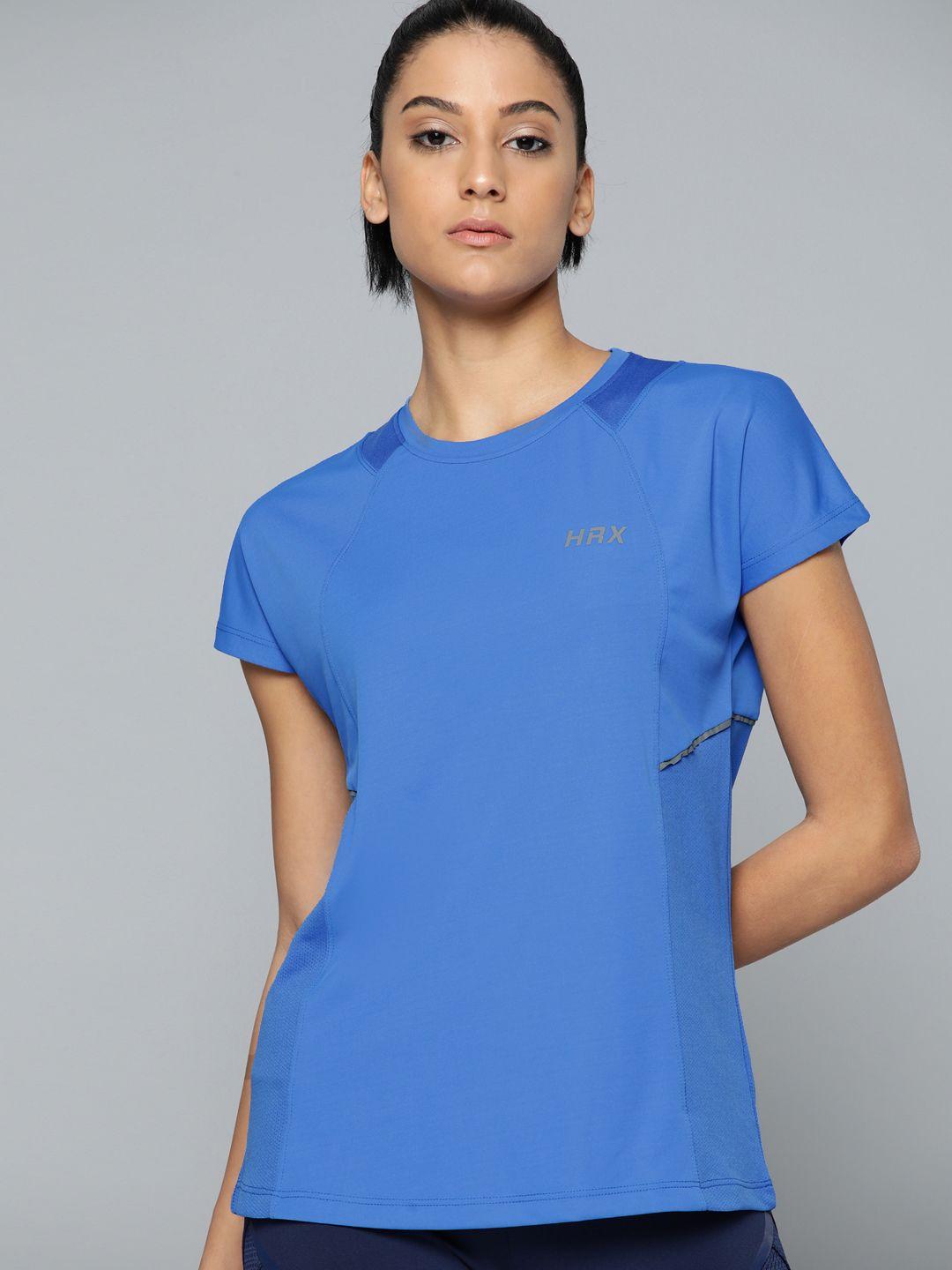 hrx by hrithik roshan women blue brand logo printed extended sleeves t-shirt