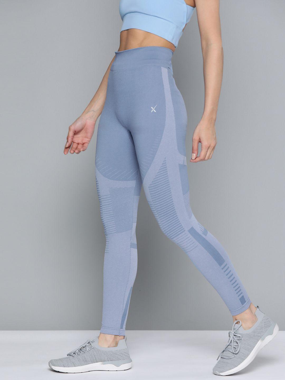 hrx by hrithik roshan women blue skinny fit anti-microbial self design running tights