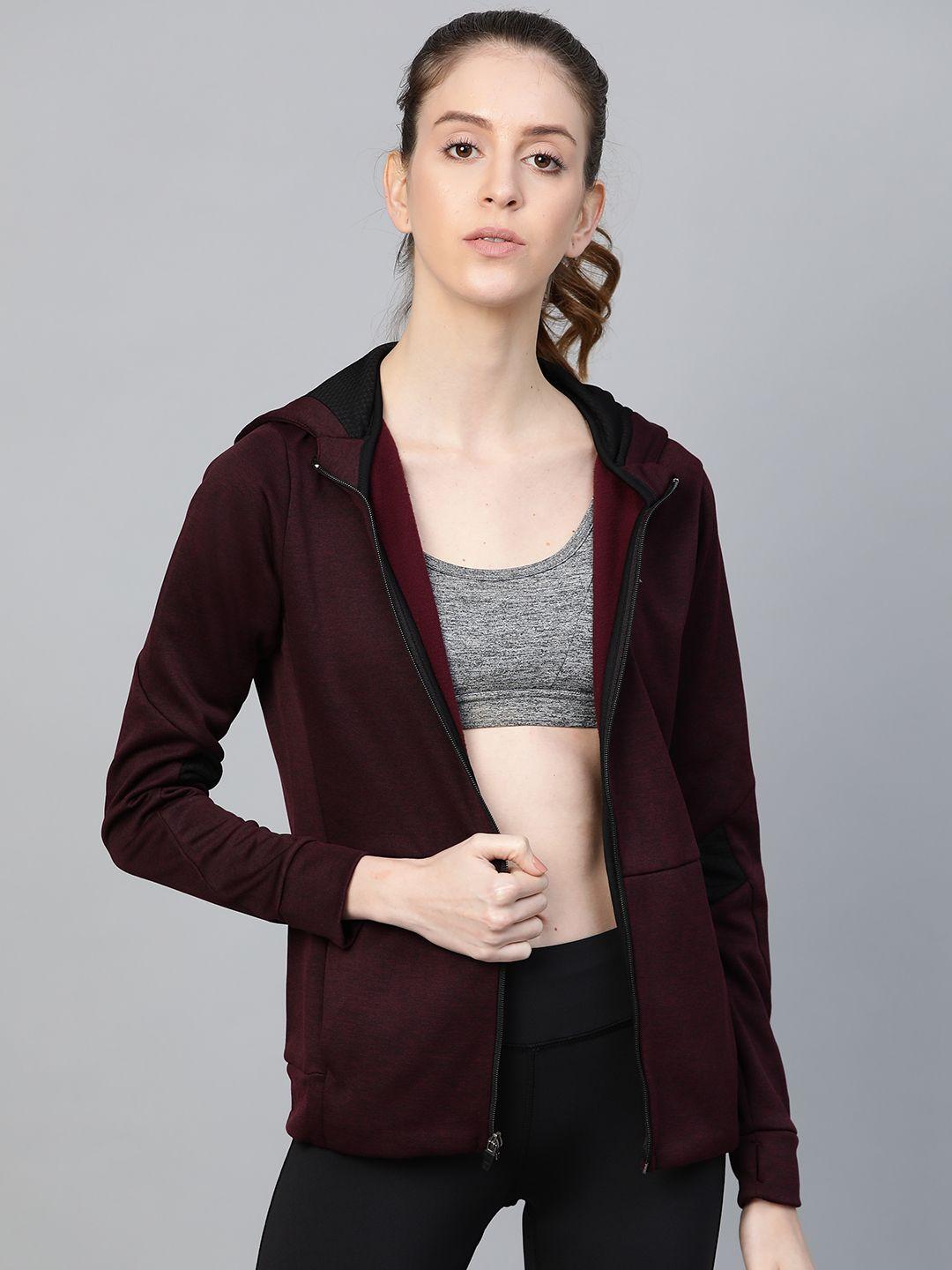 hrx by hrithik roshan women burgundy & black training rapid dry hooded printed jacket