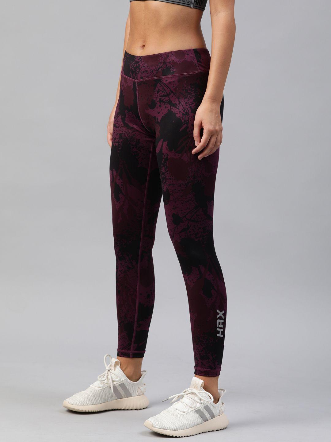 hrx by hrithik roshan women burgundy printed rapid dry n9 antimicrobial yoga tights