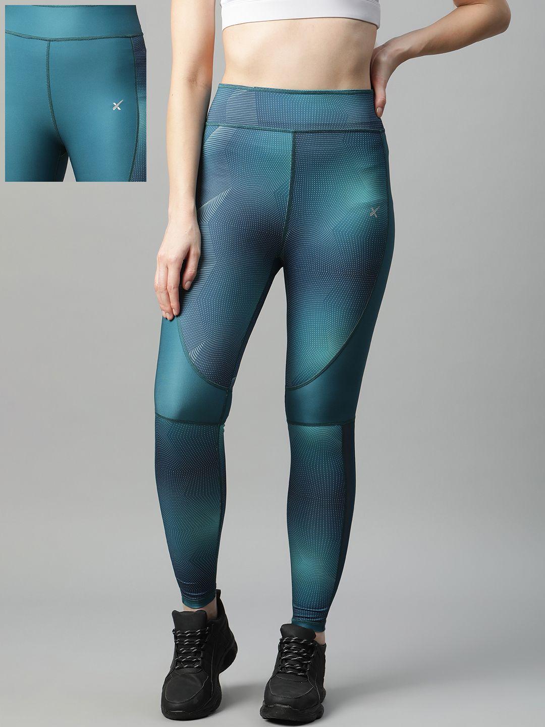 hrx by hrithik roshan women deep teal aop skinny fit reversible rapid-dry running tights