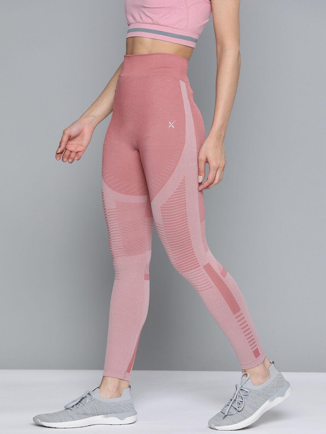 hrx by hrithik roshan women dusty pink skinny anti-microbial self design running tights