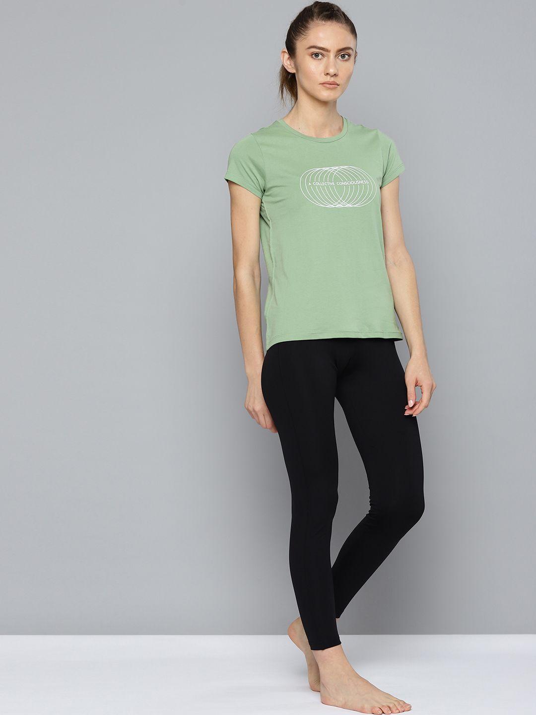 hrx by hrithik roshan women green melange cotton typography yoga sustainable t-shirt