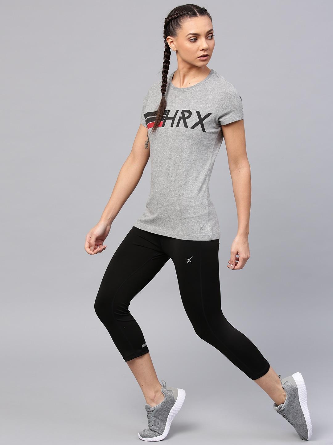 hrx by hrithik roshan women grey melange printed round neck t-shirt