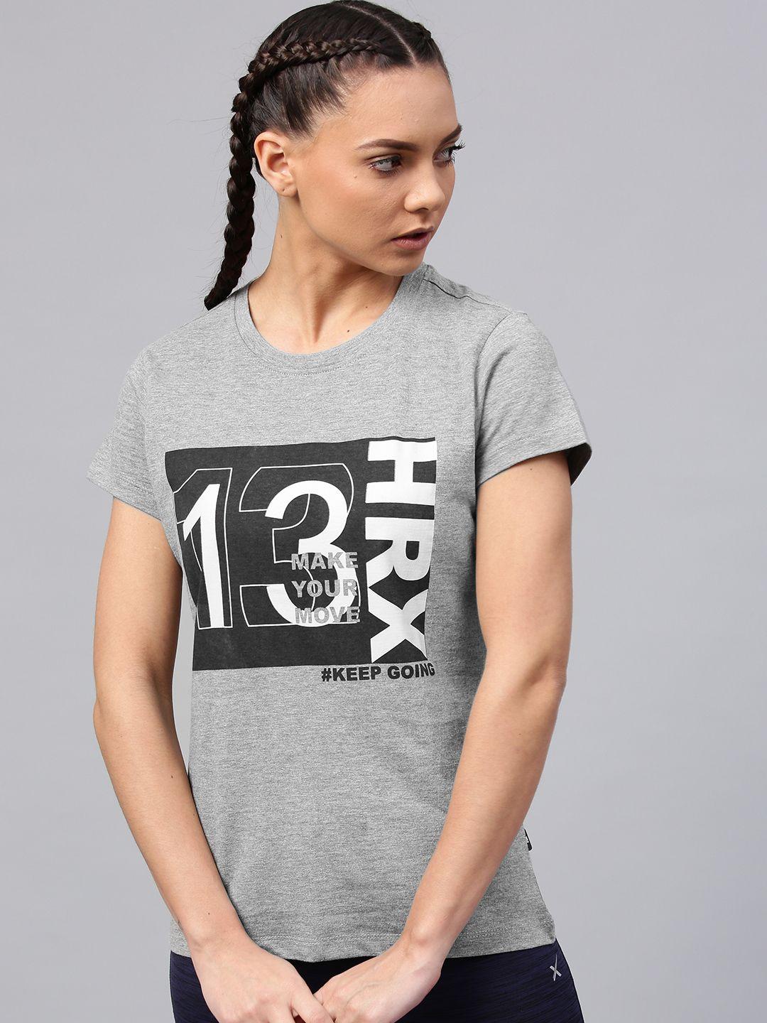 hrx by hrithik roshan women grey melange printed round neck t-shirt