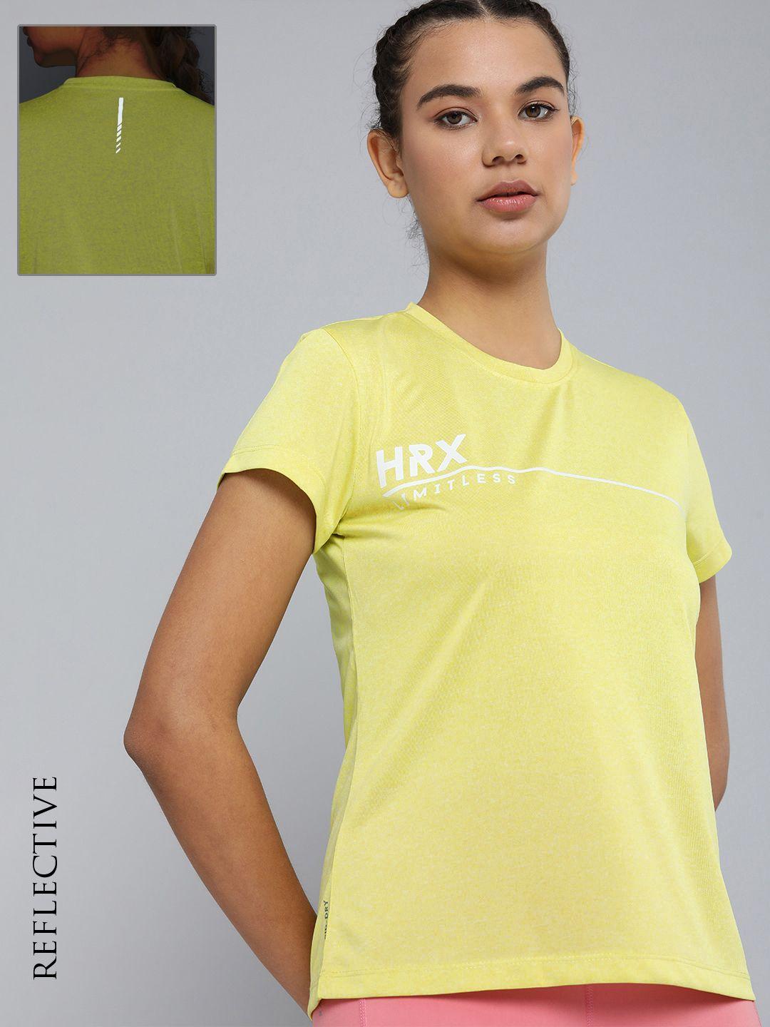 hrx by hrithik roshan women mustard yellow brand logo printed running t-shirt