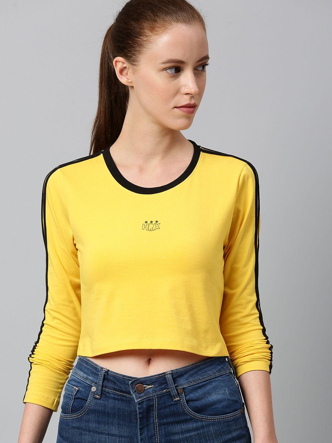 hrx by hrithik roshan women mustard yellow solid tie & dye slim fit lycra lifestyle tshirts
