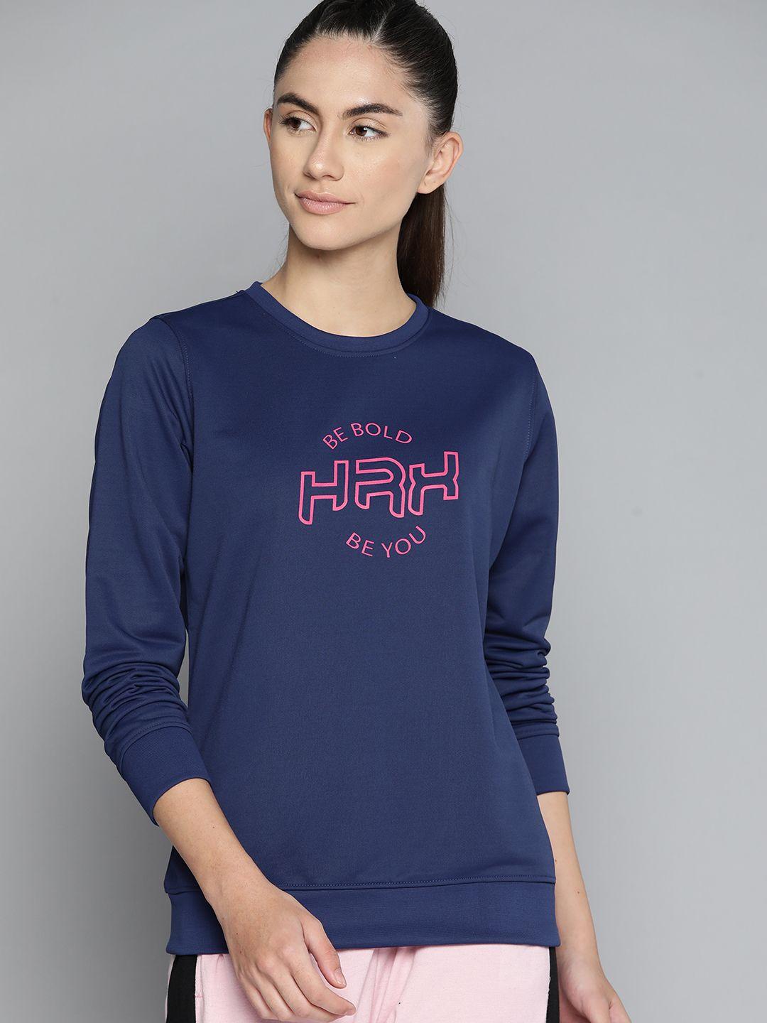 hrx by hrithik roshan women navy blue & pink brand logo printed sweatshirt